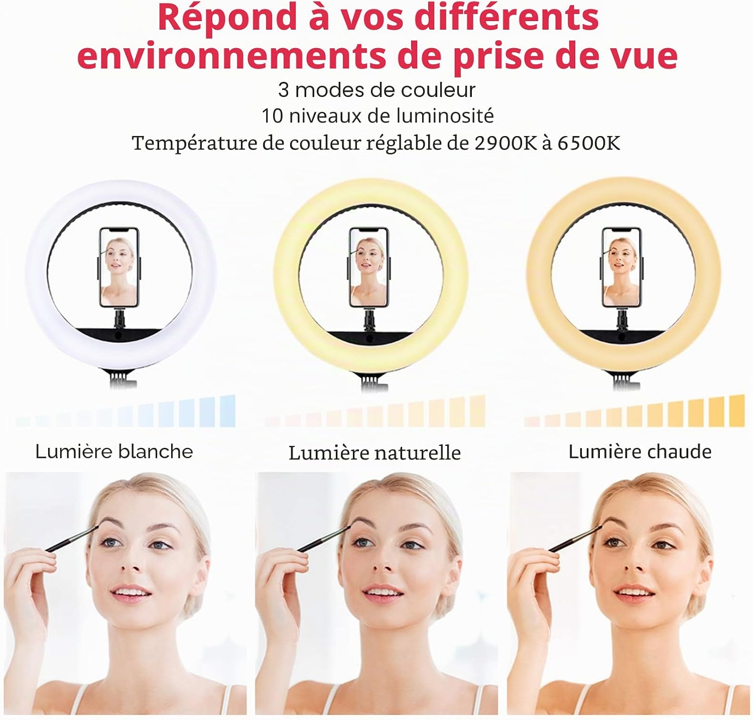 Ring Light avec Trépied, 18 Pouces Extérieur 2900-6000K LED Anneau Lumineux Réglable, Lampe Annulaire pour Telephone Youtube TikTok Maquillage Vidéo Tournage