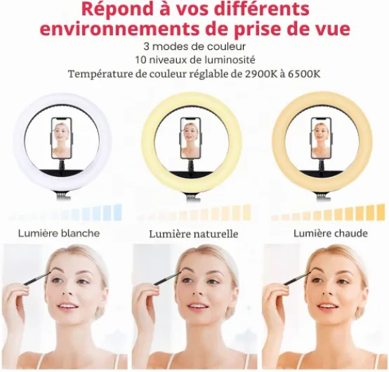 Ring Light avec Trépied, 18 Pouces Extérieur 2900-6000K LED Anneau Lumineux Réglable, Lampe Annulaire pour Telephone Youtube TikTok Maquillage Vidéo Tournage