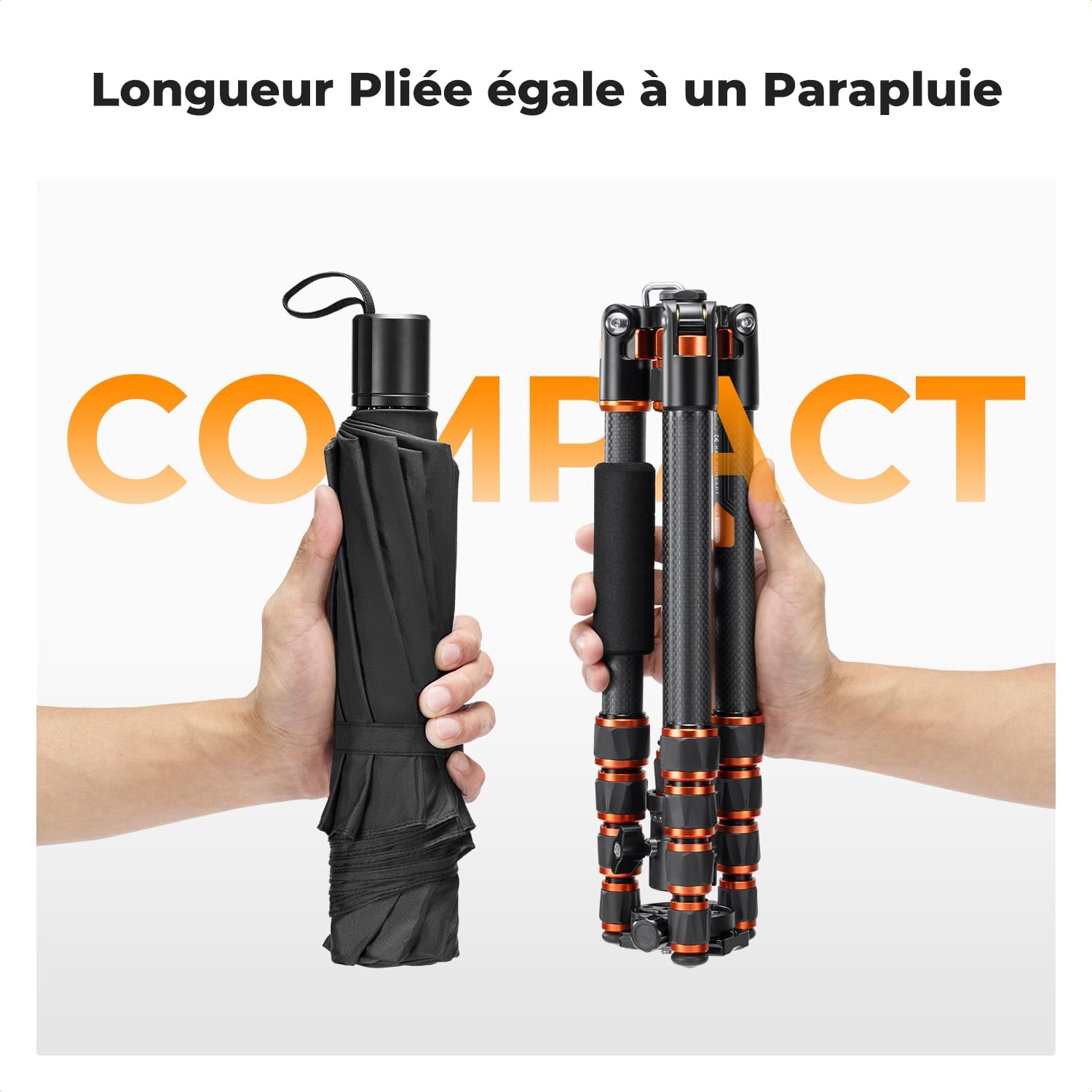 K&F Concept Trepied Carbone Monopode Appareil Photo 153cm, Trépied Professionel Compact A225C0 pour DSLR, Trepied Voyage Leger 5 Sections avec Rotule Metal Sac Transport Inclus Max:8kg 153 cm / 8 kg