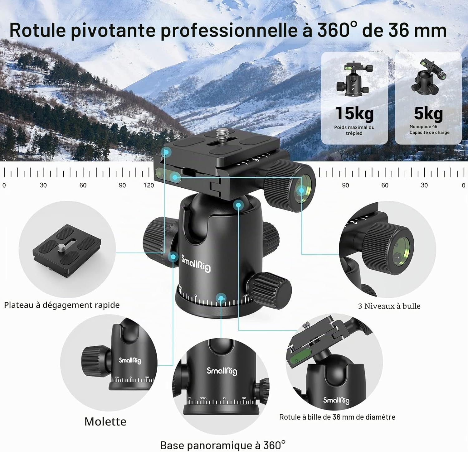 Trépied Monopode pour Appareil Photo, 72" 182cm Trépied en Aluminium Léger et Portable, Rotule Panoramique à 360° Plaque à Dégagement Rapide, Charge Max 15kg, Réglable de 17" à 72" - 3935