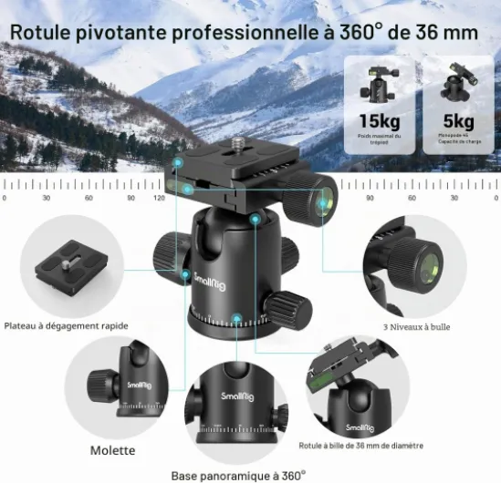 Trépied Monopode pour Appareil Photo, 72" 182cm Trépied en Aluminium Léger et Portable, Rotule Panoramique à 360° Plaque à Dégagement Rapide, Charge Max 15kg, Réglable de 17" à 72" - 3935