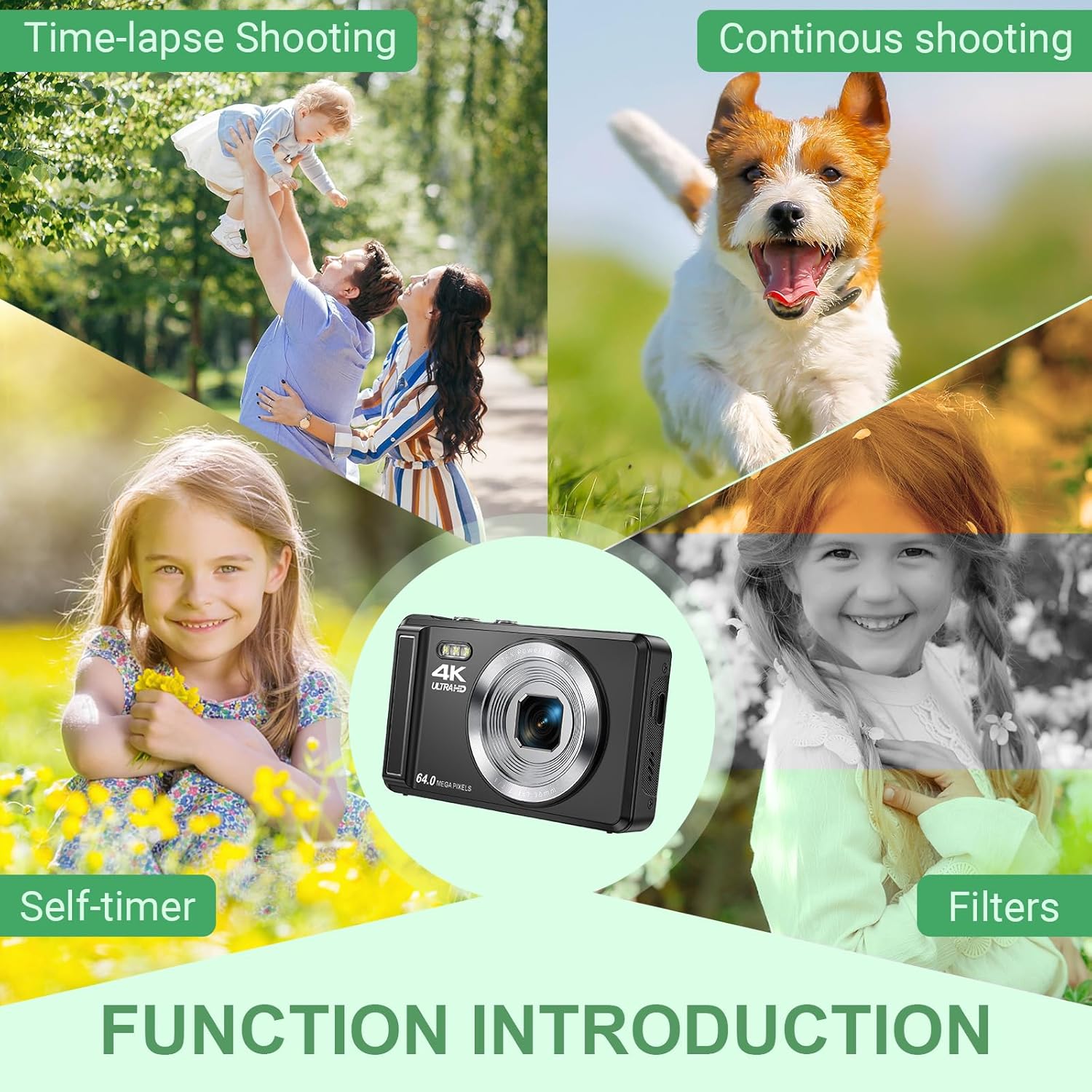 Appareil Photo numérique 4K 64 MP avec Carte Micro SD, Mise au Point Automatique avec Zoom numérique 16x, Appareil Photo Compact Portable avec Batterie 1200 mAh, câble USB, pour Adolescents, Adultes Noir Compact