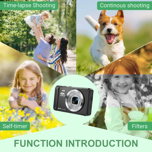 Appareil Photo numérique 4K 64 MP avec Carte Micro SD, Mise au Point Automatique avec Zoom numérique 16x, Appareil Photo Compact Portable avec Batterie 1200 mAh, câble USB, pour Adolescents, Adultes Noir Compact
