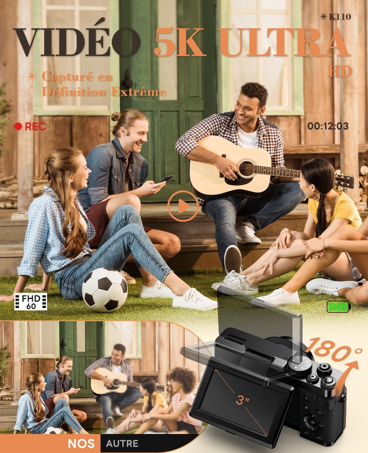 Appareil Photo Numérique 5K 64MP avec Autofocus, Zoom Numérique 18x, Écran IPS 3" Orientable 180°, Design Rétro Élégant, Carte 64GB + 2 Batteries (Noir)