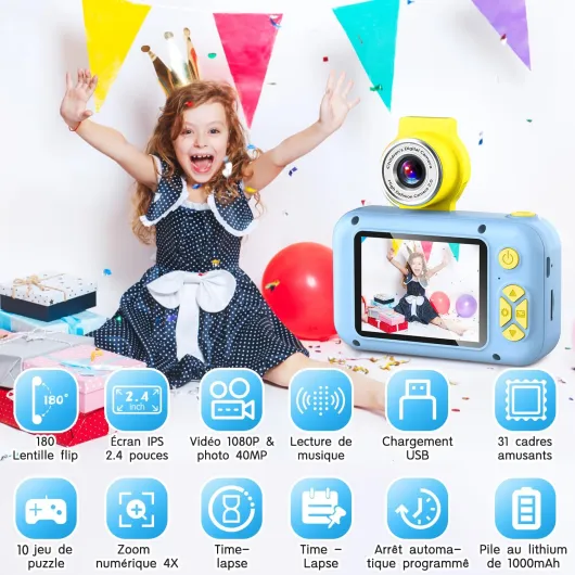 Appareil Photo Enfant avec Grand Écran 2,4" et Objectif Pivotant 180°,Appareil Photo Numérique Enfant pour Filles et Garçons de 3 à 12 Ans,Cadeau Anniversaire ou Fête,X101 Bleu