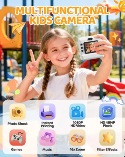 CalineGam Appareil Photo Instantané Enfants, 1080P HD Appareil Photo Numérique Enfant & Double Objectif avec Carte de 32GB & Papier d'impression, Cadeaux pour Garçons & Filles de 3 à 12 Ans Blanc