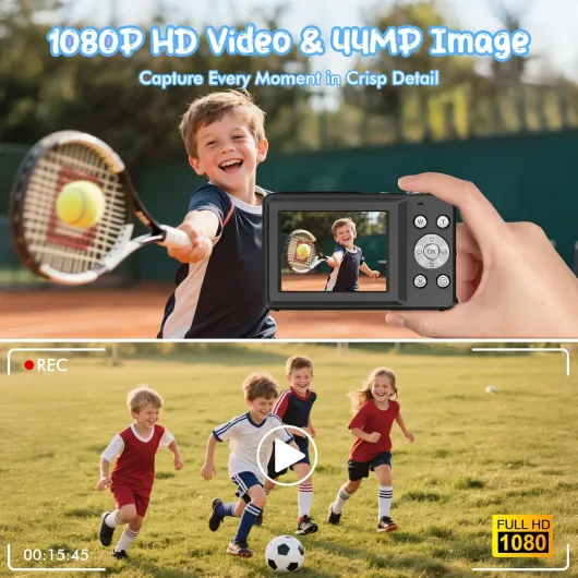 Appareil Photo Numérique 1080P 44MP Caméra Vlogging pour Enfants Ados, FHD Compact Portable avec Écran 2,4" Zoom 16X, Mini Caméra Anti-secousse pour Débutants Étudiants-Noir black