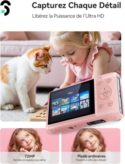 Appareil Photo Numérique Max 72MP avec vidéo 1080P, Digital Camera Zoom 16X 19 Filtres, Appareil Photo Compact avec 2 Batteries et Carte 32 Go, Digital Camera pour Adulte/Débutant/Enfant-Rose pink