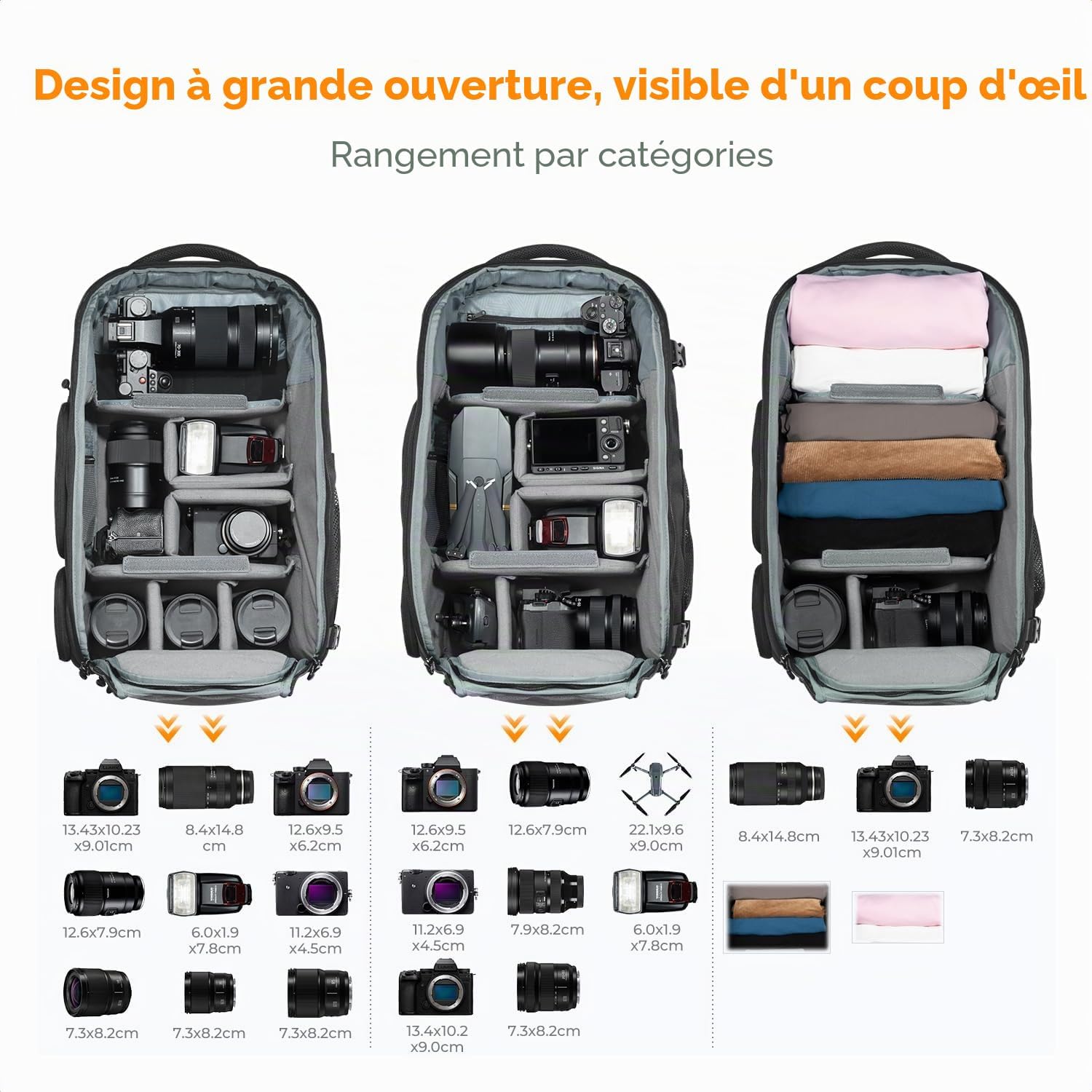 K&F CONCEPT Sac à dos pour appareil photo pour Canon Nikon Sony avec housse de pluie, Grand Sac pour DSLR drone, objectif, ordinateur portable jusqu'à 16 pouces, trépied et accessoires 30 liters 3-noir Gris