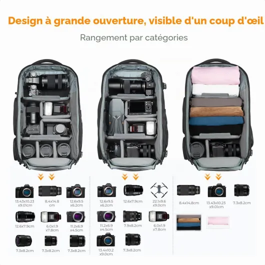 K&F CONCEPT Sac à dos pour appareil photo pour Canon Nikon Sony avec housse de pluie, Grand Sac pour DSLR drone, objectif, ordinateur portable jusqu'à 16 pouces, trépied et accessoires 30 liters 3-noir Gris