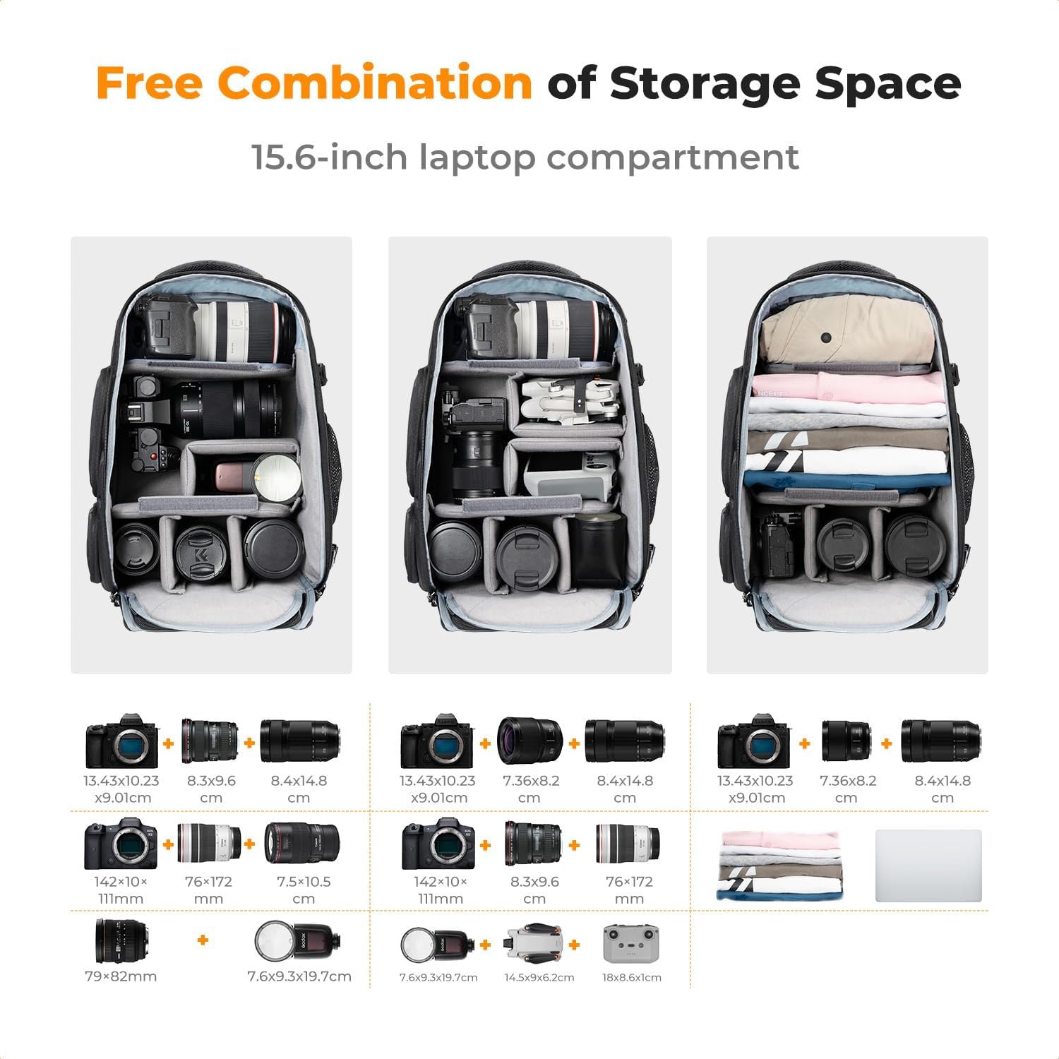 K&F CONCEPT Sac à dos pour appareil photo Canon Nikon Sony DSLR drone, objectif, ordinateur portable, trépied et accessoires avec housse de pluie 25 liters 1-noir Gris