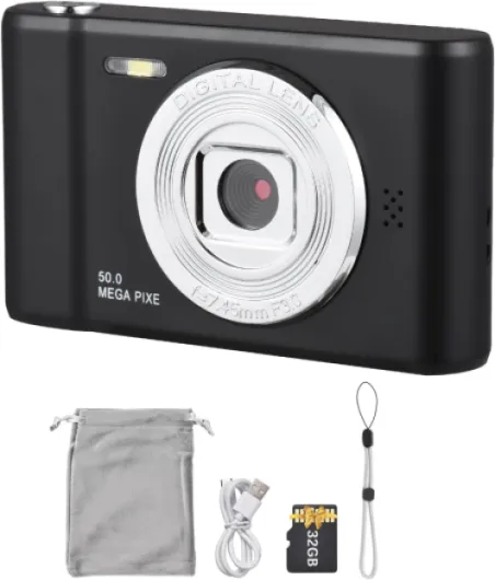 Appareil photo numérique rechargeable appareil photo compact avec carte TF de 32 Go zoom numérique 8 x écran de 2,4 pouces machine numérique compacte pour enfants adultes étudiants noir