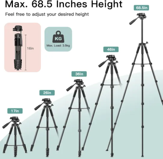 2026 Nouveau Trépied Appareil Photo, 174cm Trépied Caméra en Aluminium, Plus Stabilité & Confort, Trépieds Smartphone pour iPhone, Samsung, Tripod Photo avec Tête 3 Voies pour Canon Nikon DSLR