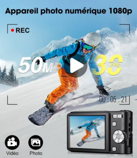 Appareil Photo Numérique 50MP 1080P, Compact Appareil Photo avec Carte 32Go, Écran 2,4”, Zoom Numérique 16X, Mini Camera Vlog pour Enfants, Adolescents, Étudiants, Cadeau d'anniversaire Vacances-Noir