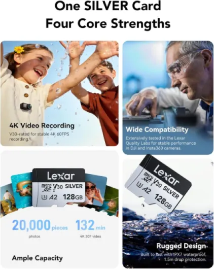 Silver Carte Micro SD 128 Go, Microsdxc Carte TF jusqu'à 205 Mo/s en Lecture, 100 Mo/s en écriture, Carte Mémoire Micro SD+ Adaptateur, A2, U3, Classe 10, V30, Full HD et 4K UHD Video